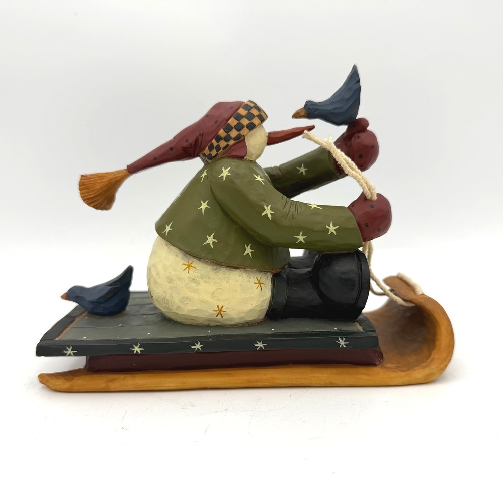 Williraye Studio Snowman Sled Figurine Green Red Folk Art WW‎ 2381